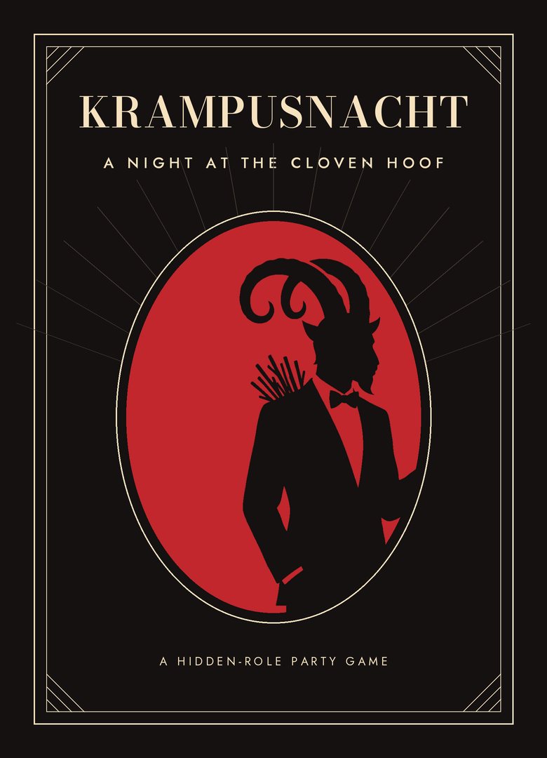 Krampusnacht box: Krampus in a tuxedo, silhouetted in a red oval